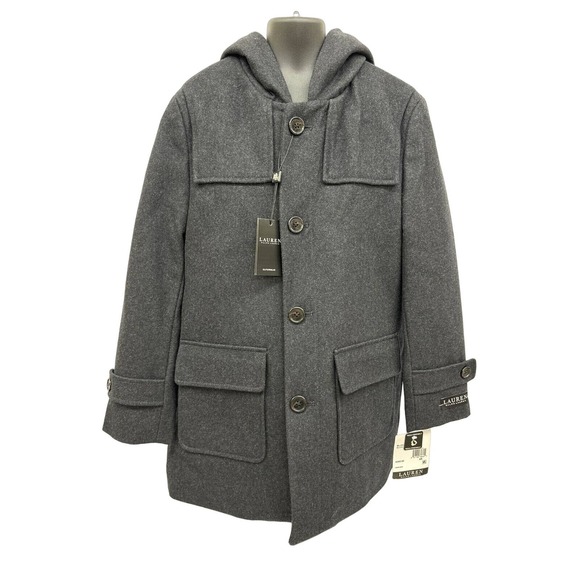 NWT Ralph Lauren Boys Sz 12R Wool Blend Hooded Peacoat Charcoal - Picture 1 of 7